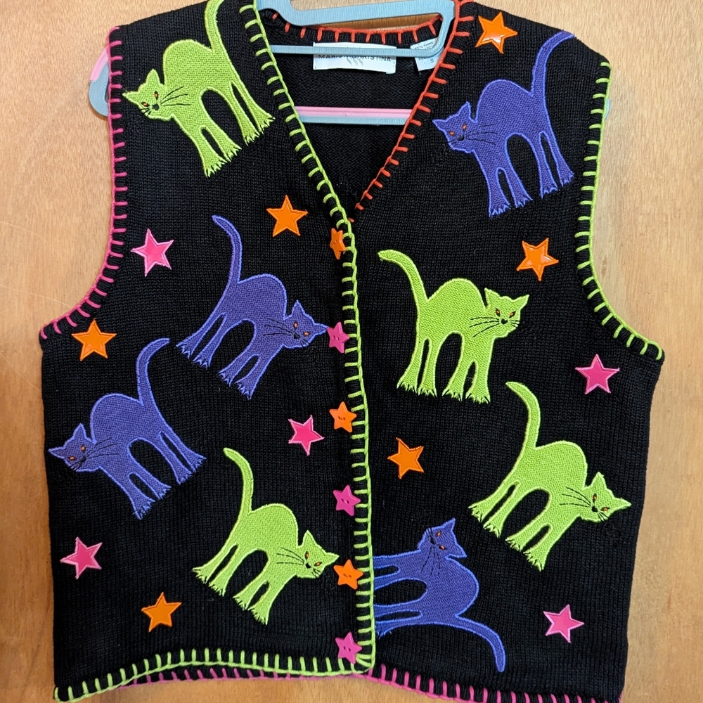 True Vintage Marisa Christina Black Halloween Sweater Vest with Colorful Appliqu